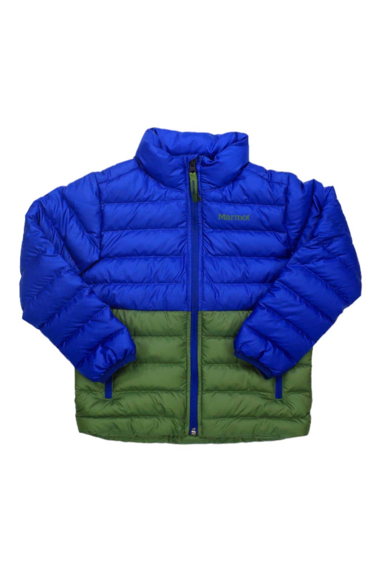 The Kids Highlander Jacket features a blue top, olive green bottom, front zipper, two zippered side pockets, 700-fill down for warmth and moisture protection, plus the Marmot logo on the left chest.
