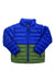 The Kids Highlander Jacket features a blue top, olive green bottom, front zipper, two zippered side pockets, 700-fill down for warmth and moisture protection, plus the Marmot logo on the left chest.