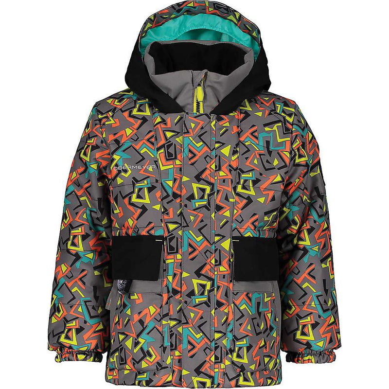 The Obermeyer Boys M-Way Jacket features a colorful geometric pattern in yellow, green, red, and orange on gray with a black hood and pocket flaps, turquoise lining, insulated warmth, and durable HydroBlock Sport fabric.