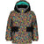 The Obermeyer Boys M-Way Jacket features a colorful geometric pattern in yellow, green, red, and orange on gray with a black hood and pocket flaps, turquoise lining, insulated warmth, and durable HydroBlock Sport fabric.