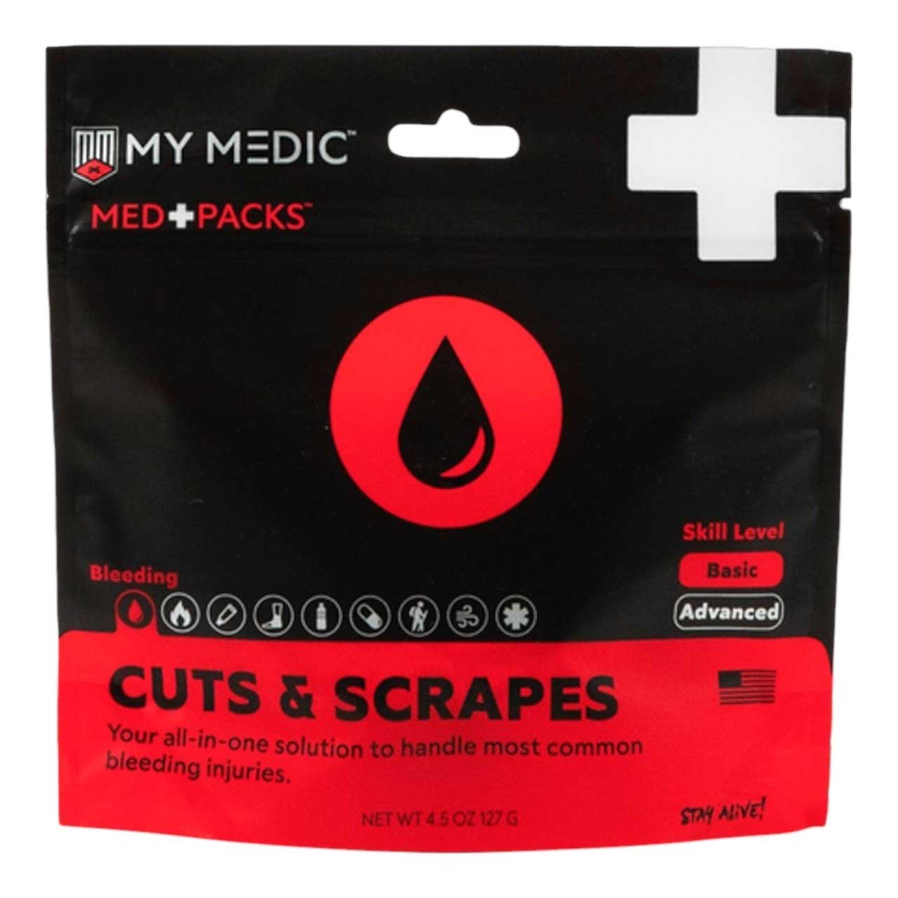The My Medic Cuts and Scrapes Med Pack, in a red and black package with a droplet icon and white cross, is described as an advanced, all-in-one outdoor first aid solution for bleeding injuries.