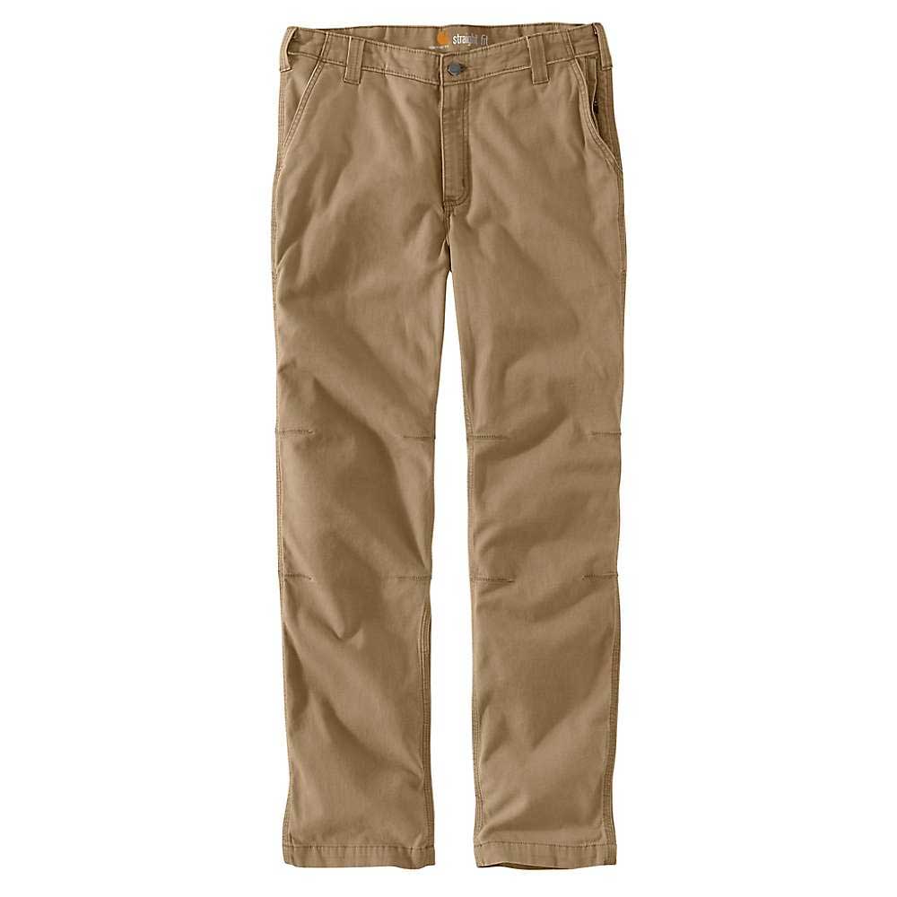A pair of Carhartt Men's Rugged Flex Rigby Straight Fit Pants in light brown, featuring front and back pockets, belt loops, and visible stitching—durable and comfortable pants shown flat on a white background.