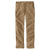 A pair of Carhartt Men's Rugged Flex Rigby Straight Fit Pants in light brown, featuring front and back pockets, belt loops, and visible stitching—durable and comfortable pants shown flat on a white background.