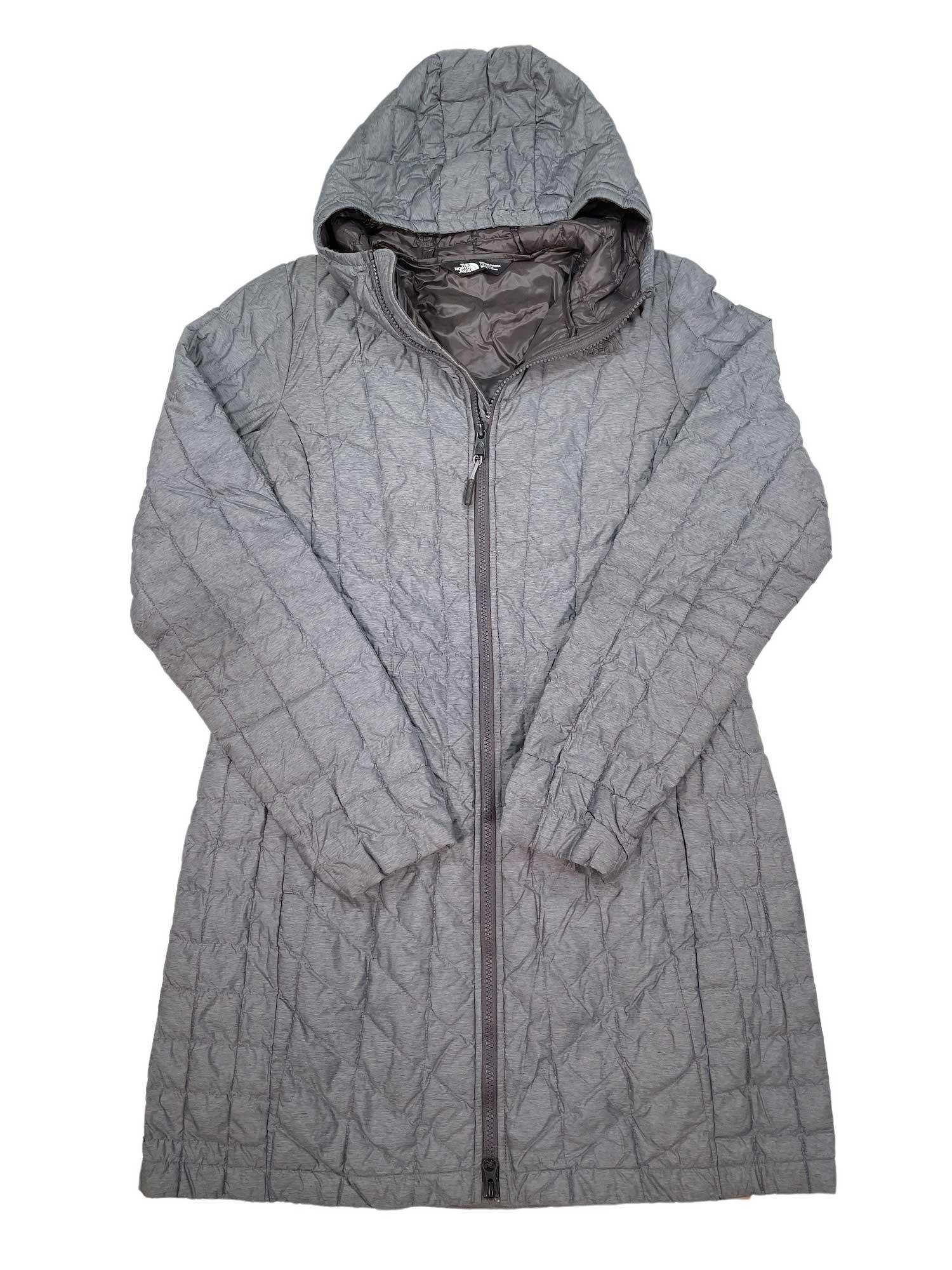 Grey insulated parka with hood, full zip front, and quilted diamond stitching.