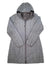Grey insulated parka with hood, full zip front, and quilted diamond stitching.