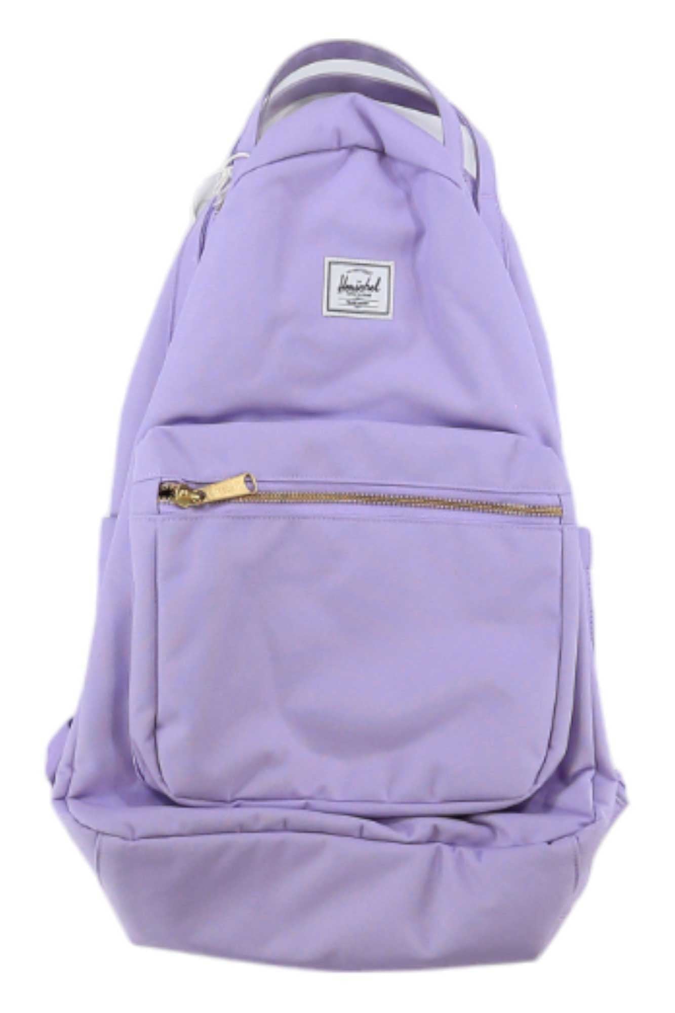 The Herschel Supply Company Nova Backpack in light purple is made from recycled fabric and features a front zip pocket, small stitched label, top handle, main compartment with laptop sleeve—all shown against a white background.