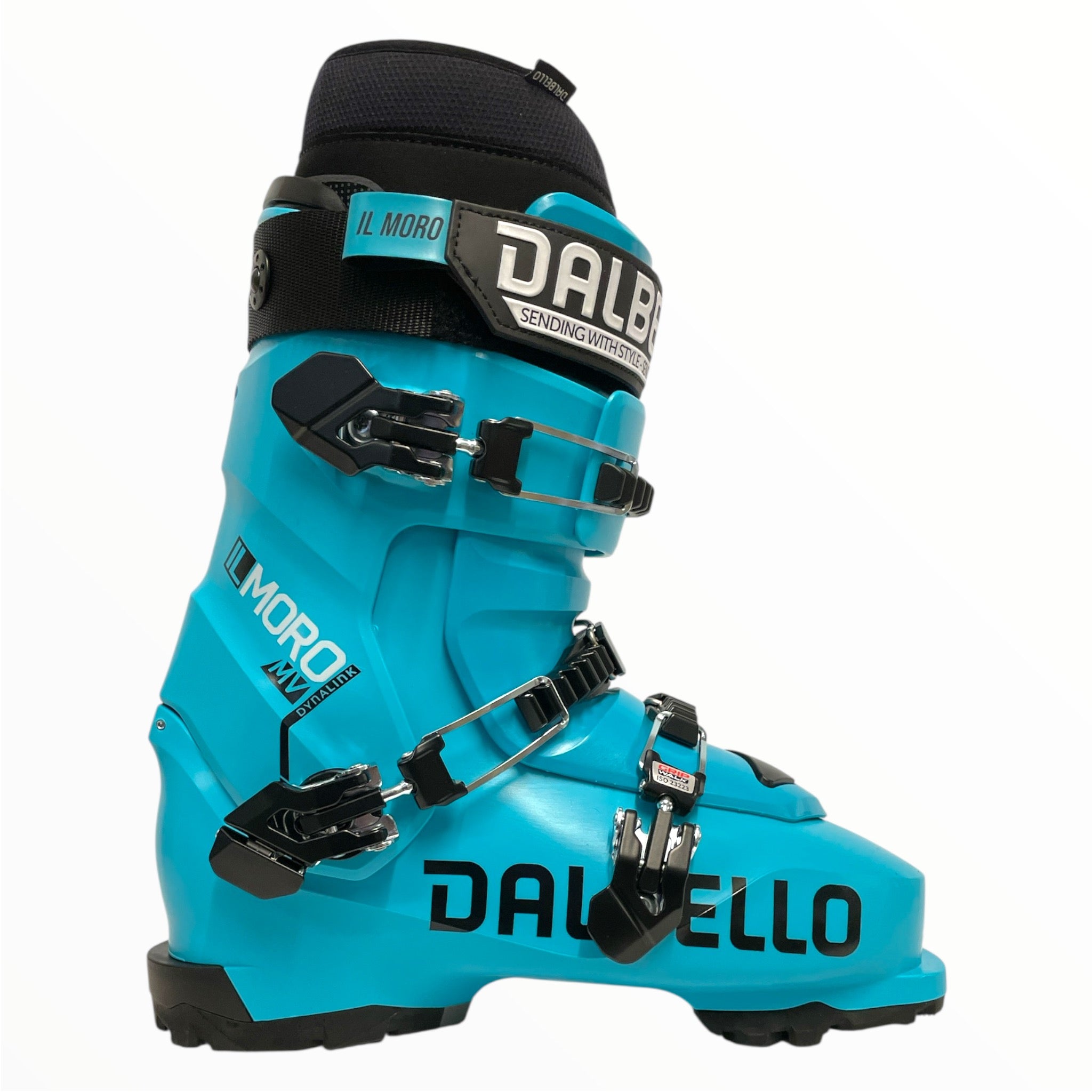 The Dalbello Il Moro MV 3DWrap Ski Boot features a bright blue design with black buckles, a top black strap, and bold black branding on the side, shown against a white background.