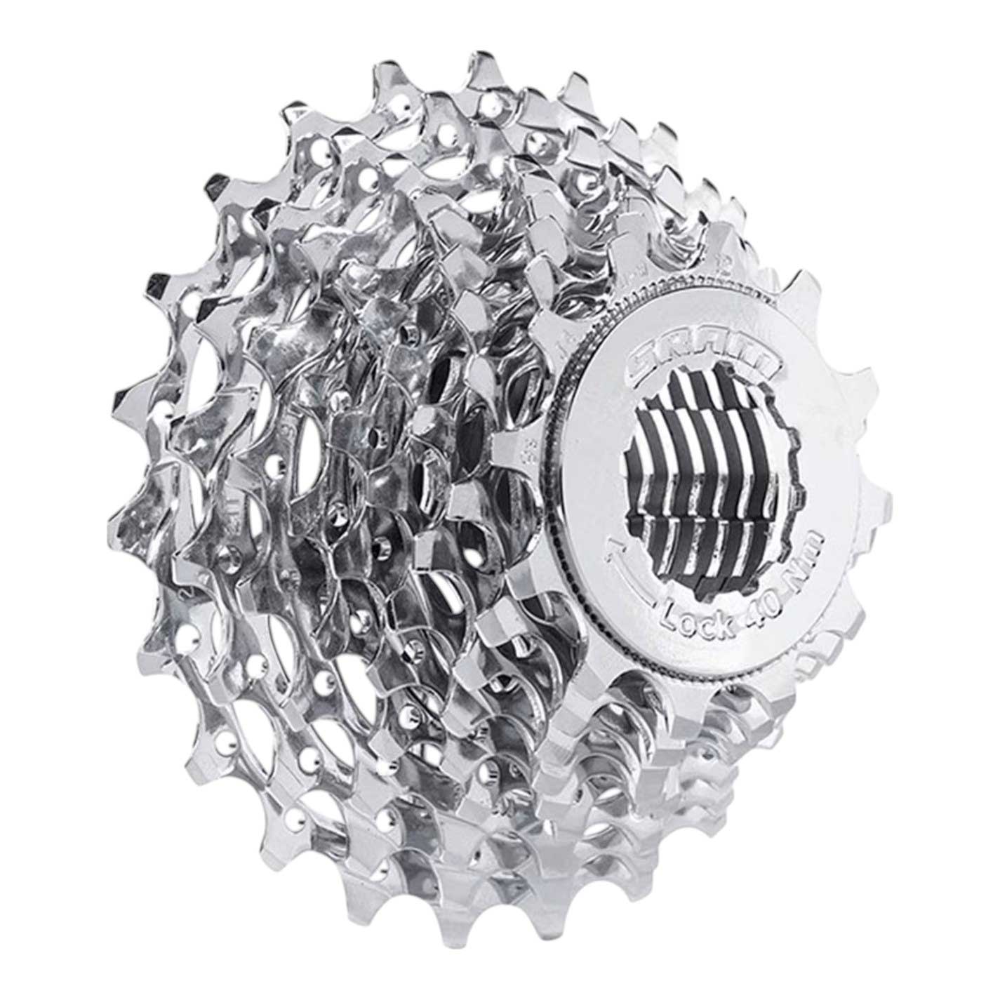 The SRAM PG-950 Cassette - 9 Speed is a shiny silver, lightweight component with multiple sprockets and a central lockring, designed for rear wheel hubs to provide precise shifting in 9-speed drivetrains.