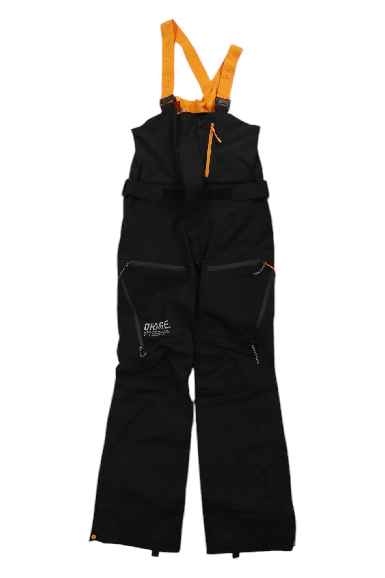 The Orage Mens Gibson 3L Bib Pant is a black waterproof ski bib featuring bright orange adjustable shoulder straps, orange zippers, multiple front zippered pockets, and "Orage" branding on the left thigh—perfect for men’s skiing.
