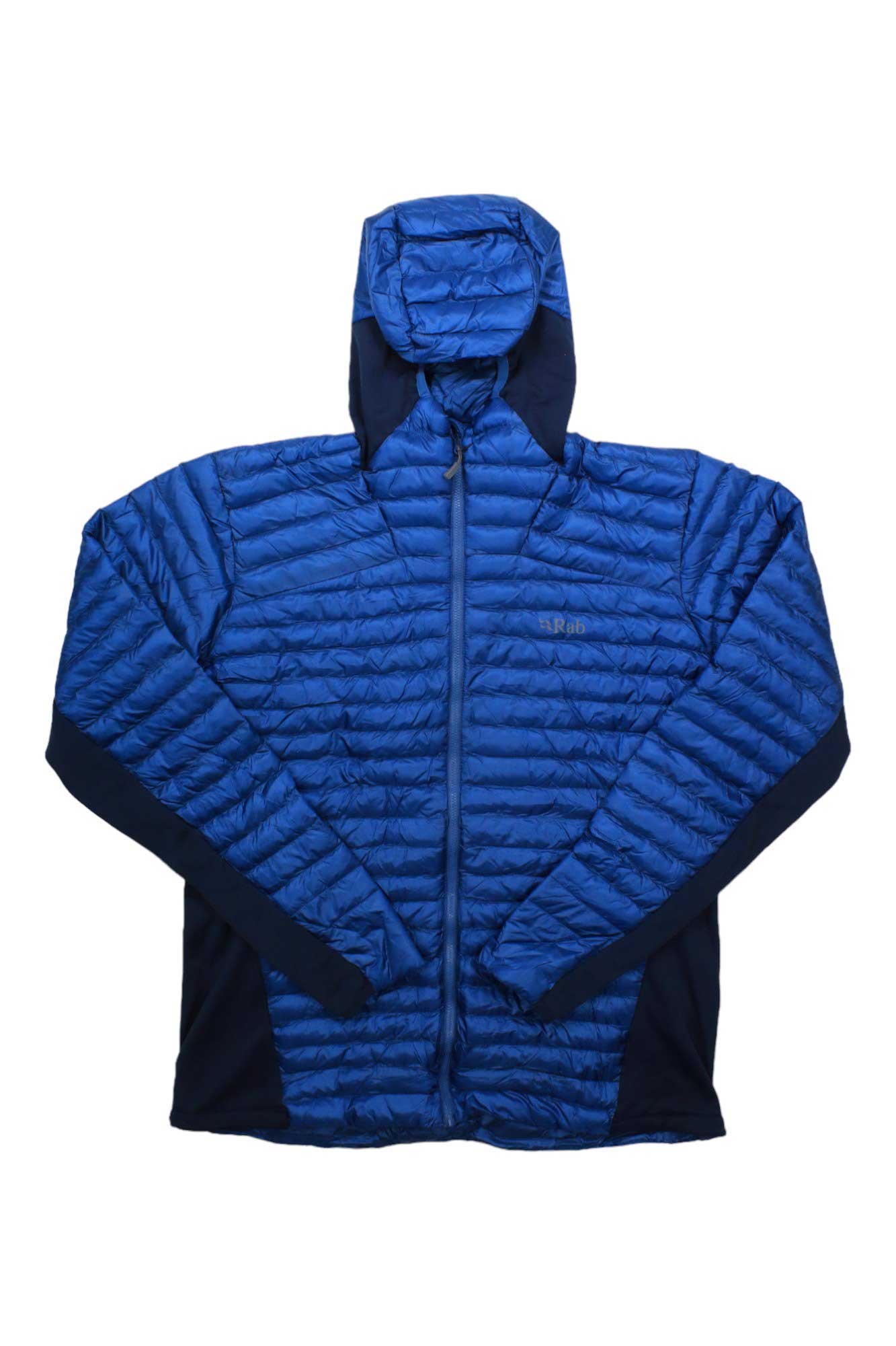 Men's blue quilted puffer hoody with attached hood, full front zip, and dark side panels