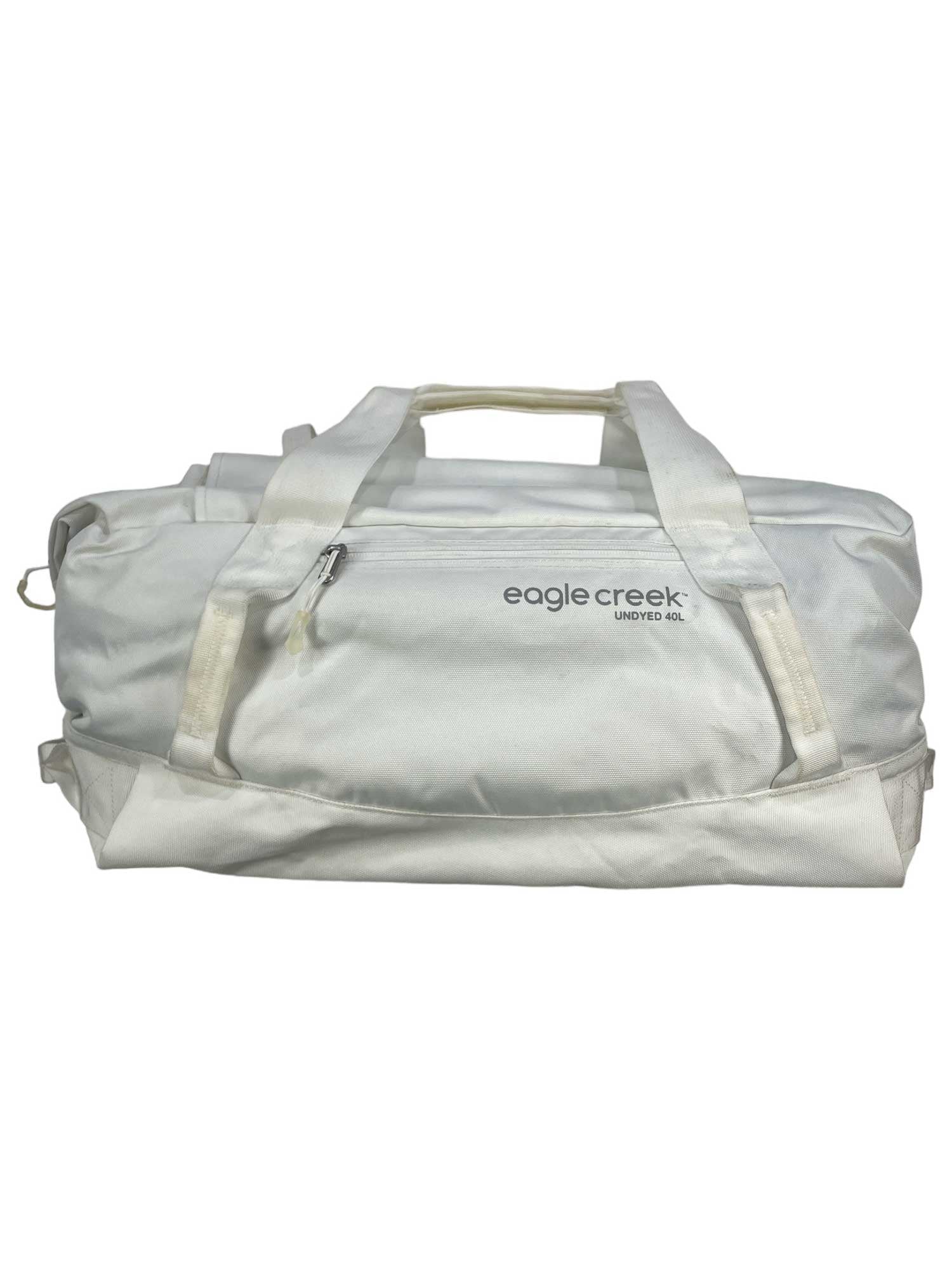 Light gray duffel bag with front logo and side loop handles