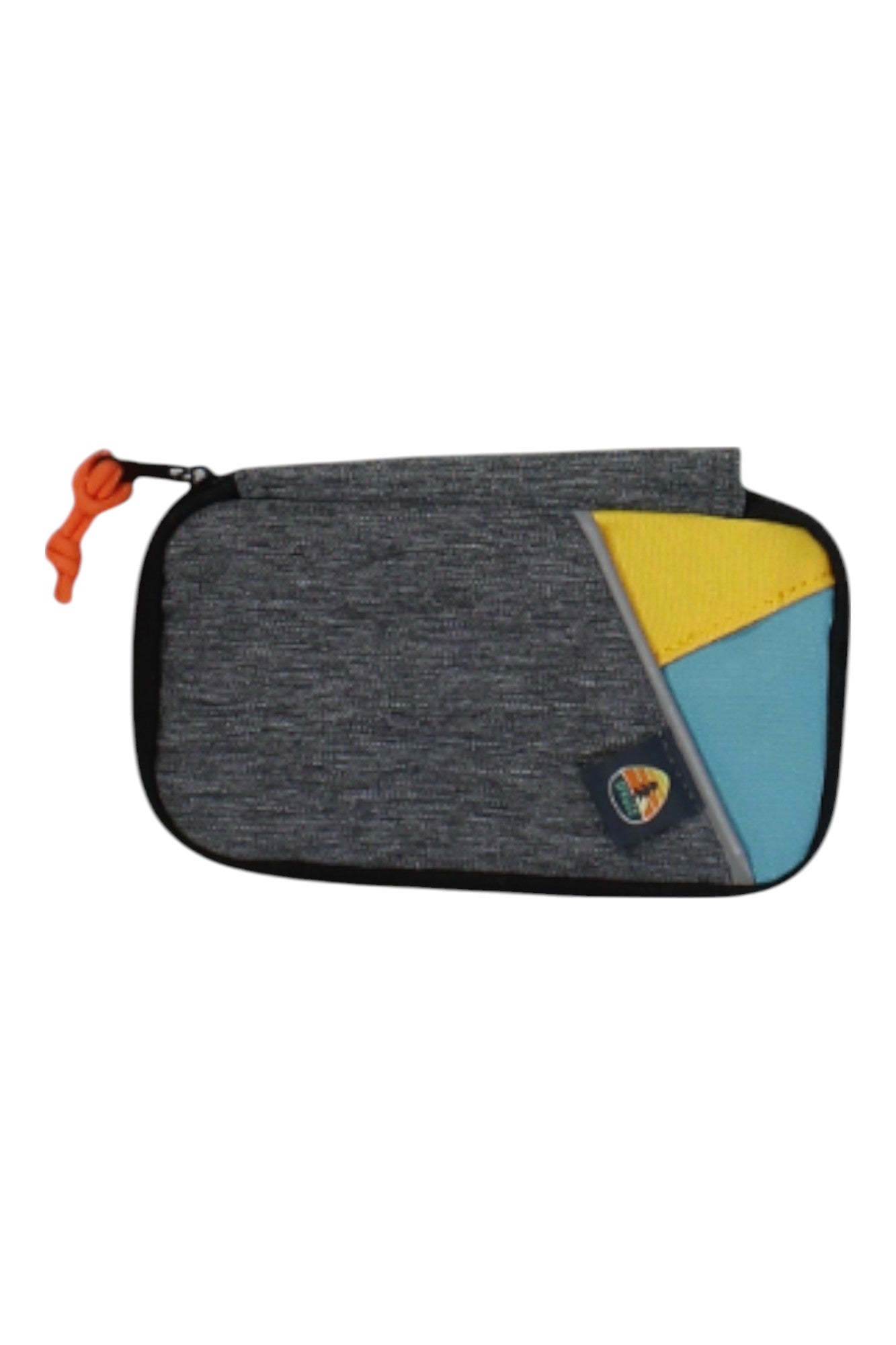 The Spruce Pup Leash Bag is a rectangular zippered pouch with a gray textured body, orange zipper pull, and a corner patch with yellow and blue geometric shapes—ideal for carrying outdoor dog gear or treats.