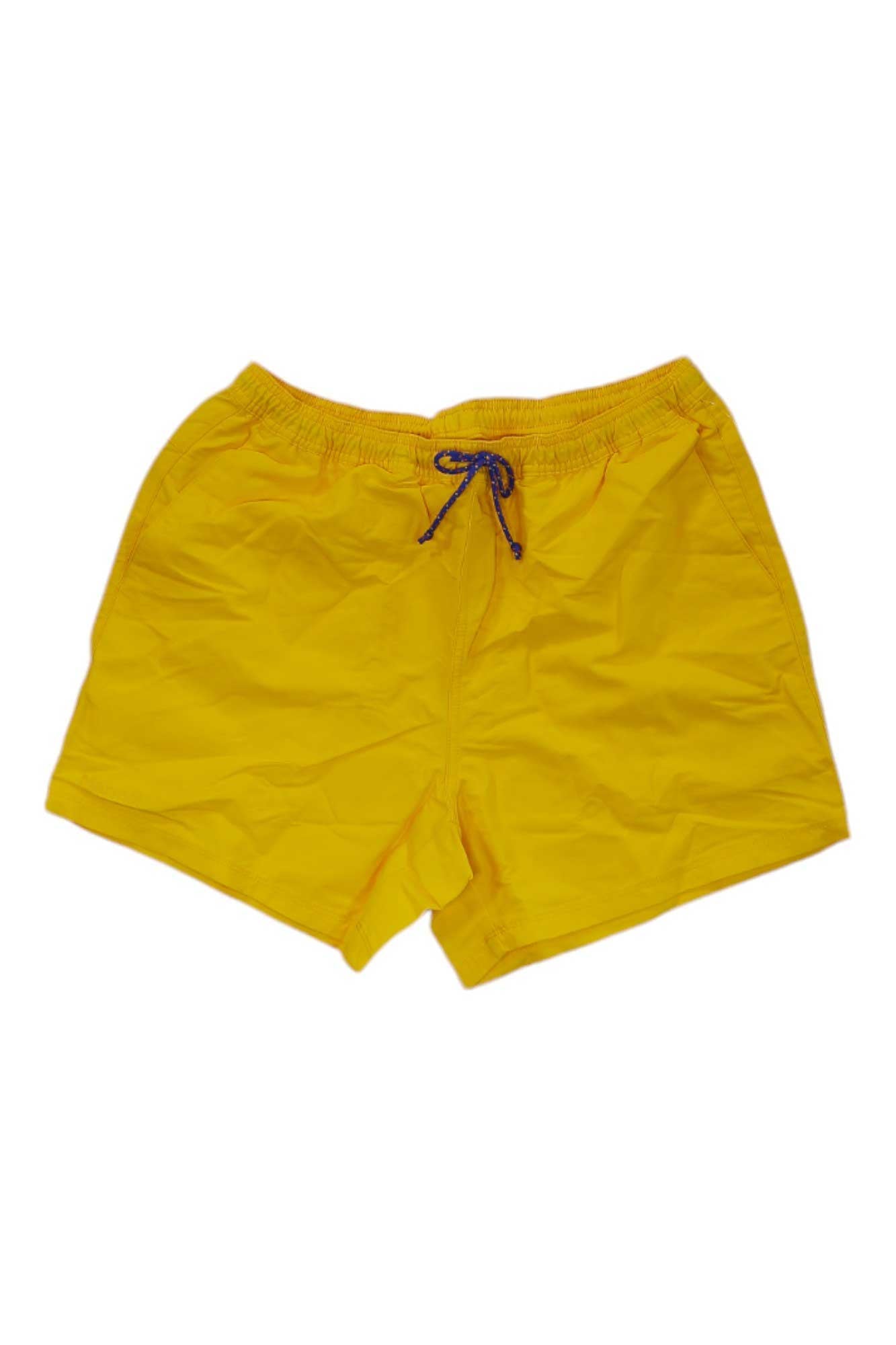 The Marmot Mens Juniper Springs 5 Inch Short in bright yellow features an elastic waistband, dark blue drawstring, and UPF 50 sun protection, shown on a plain white background.