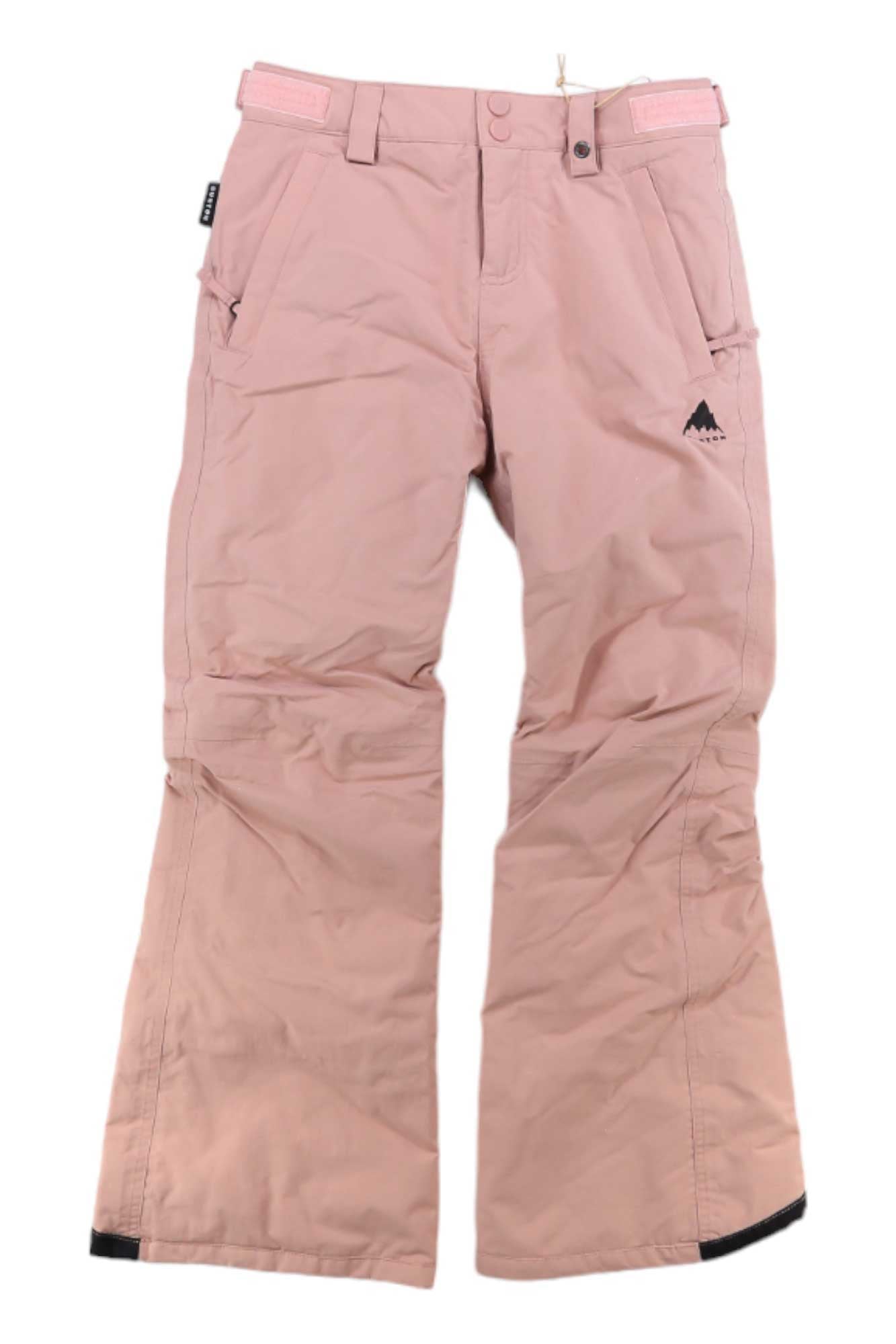 The Burton Girls Sweetart Pant in light pink features front pockets, belt loops, a black mountain logo, reinforced cuffs, adjustable waistband tabs, waterproof insulation, and the Room-to-Grow system for lasting wear.