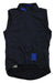 The Rapha Men's Pro Team Insulated Gilet is a sleeveless black cycling vest with a front zipper, blue RAPHA text on the high collar, blue horizontal stripes near the bottom, and an extended back hem for extra coverage.