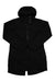 Womens black hooded featherless jacket with front zip and snap cuffs
