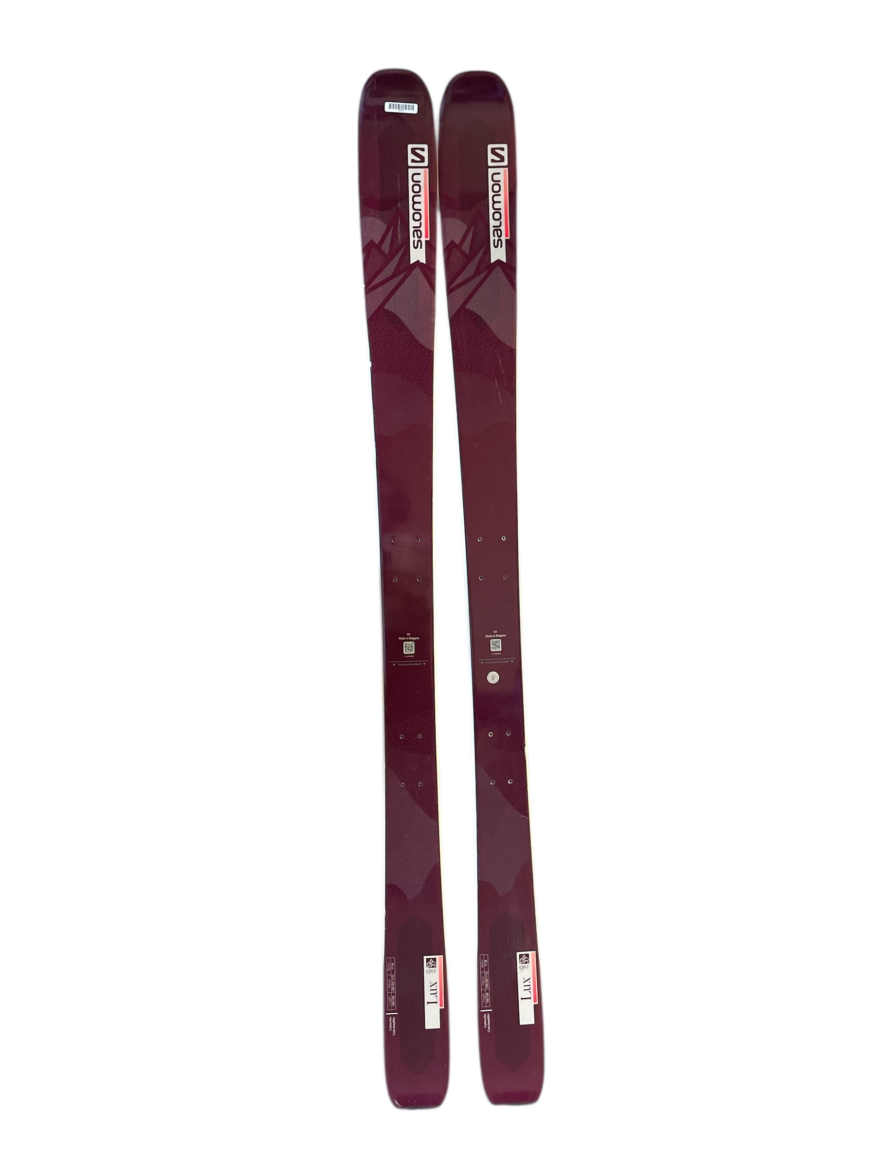 A pair of Salomon Womens Qst Lux 92 Skis - 2022 are shown side by side on a white background, displaying the brand logo and model name near the tips to emphasize their versatility for all-mountain skiing.