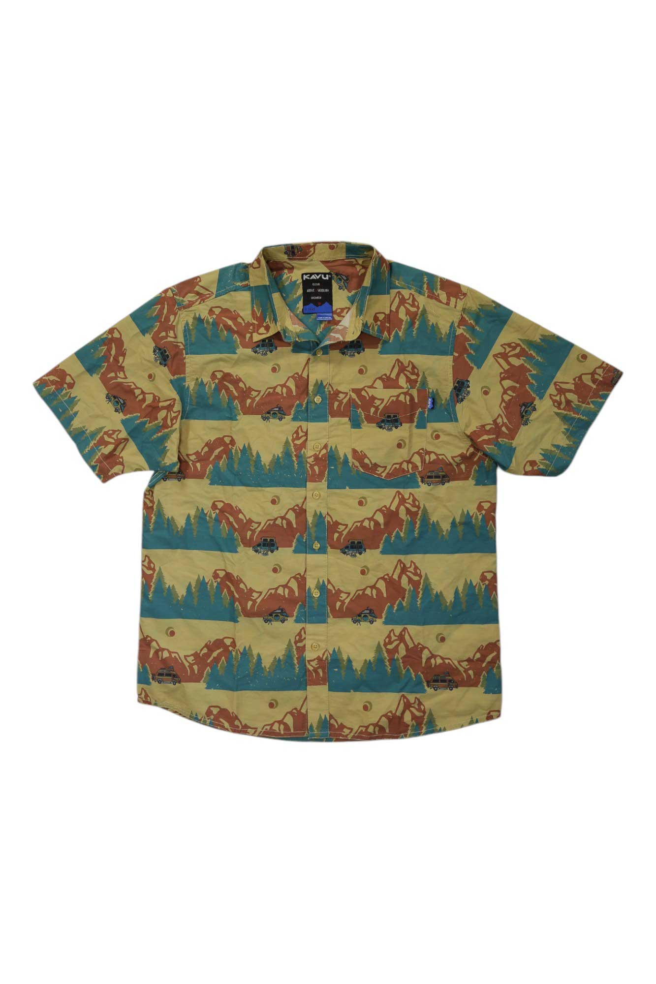 Men's short-sleeve button-up shirt with tan backdrop and colorful landscape graphic