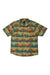 Men's short-sleeve button-up shirt with tan backdrop and colorful landscape graphic
