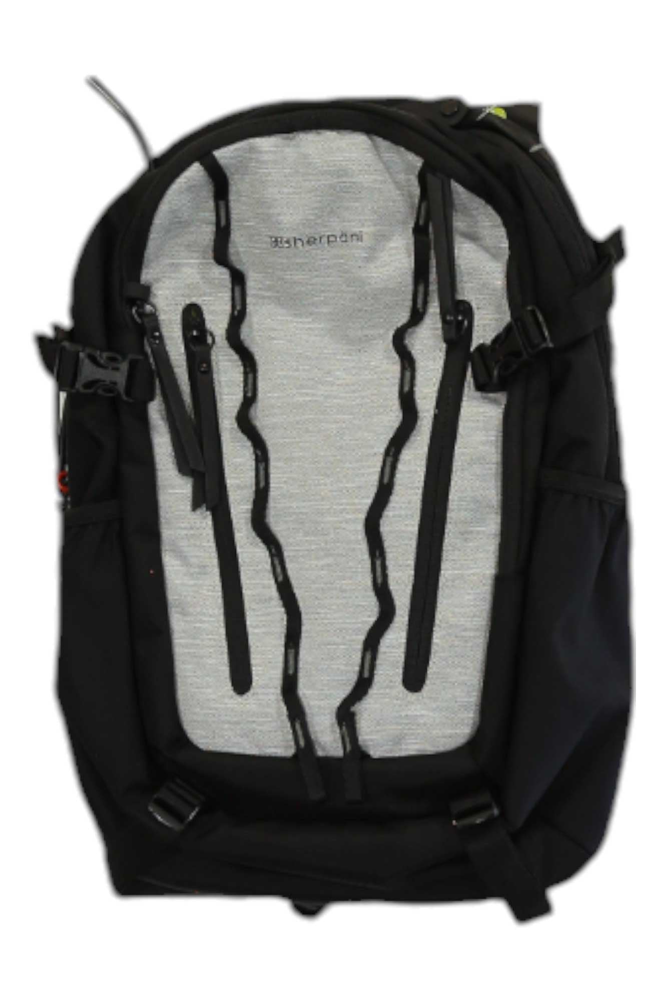 The Sherpani Womens Quest AT Pack is a black and gray travel backpack for women with two vertical zippers, a wavy black cord on the front, RFID protection, and the Sherpani logo near the top to keep your essentials secure.