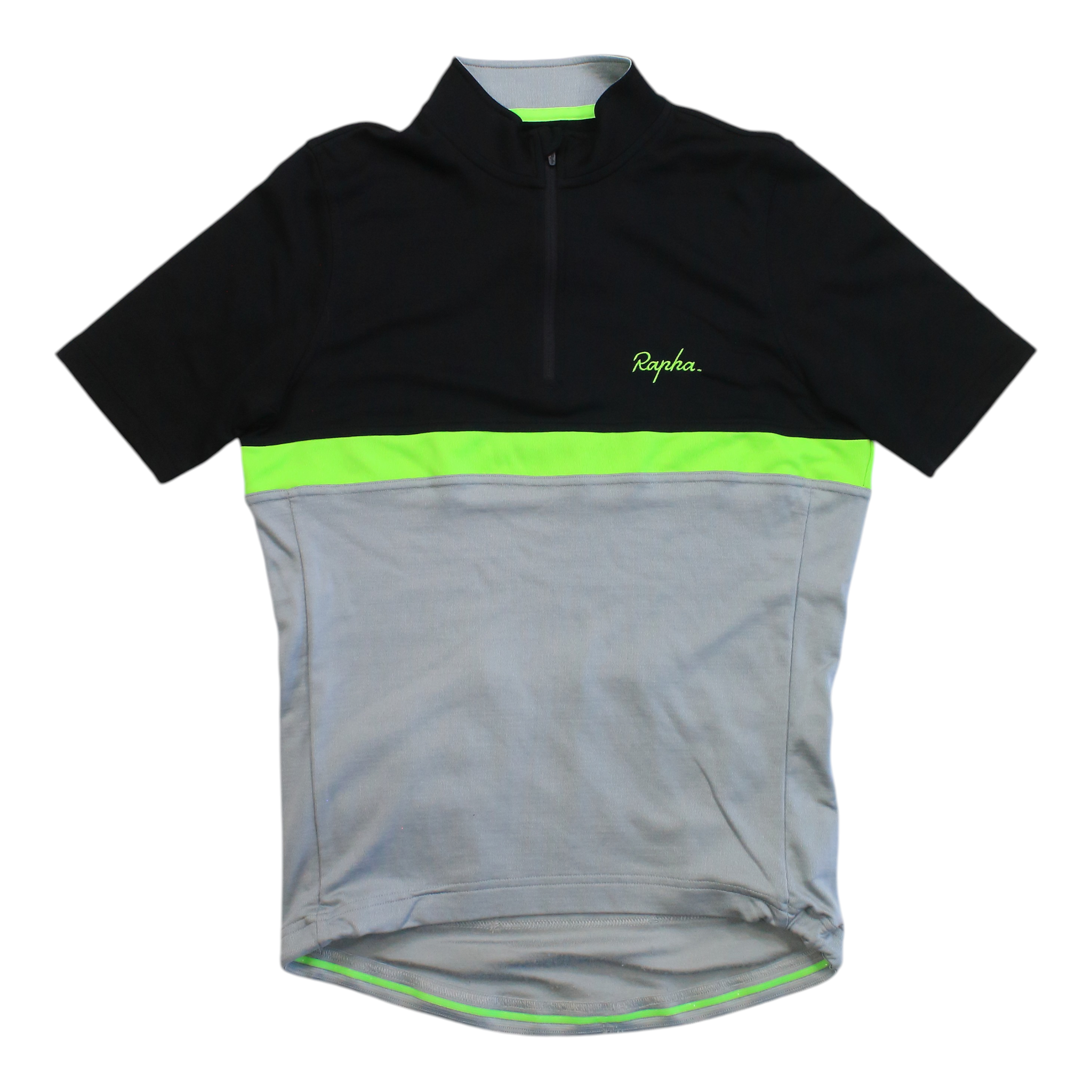 Men's cycling jersey, black with neon green band and light gray panels