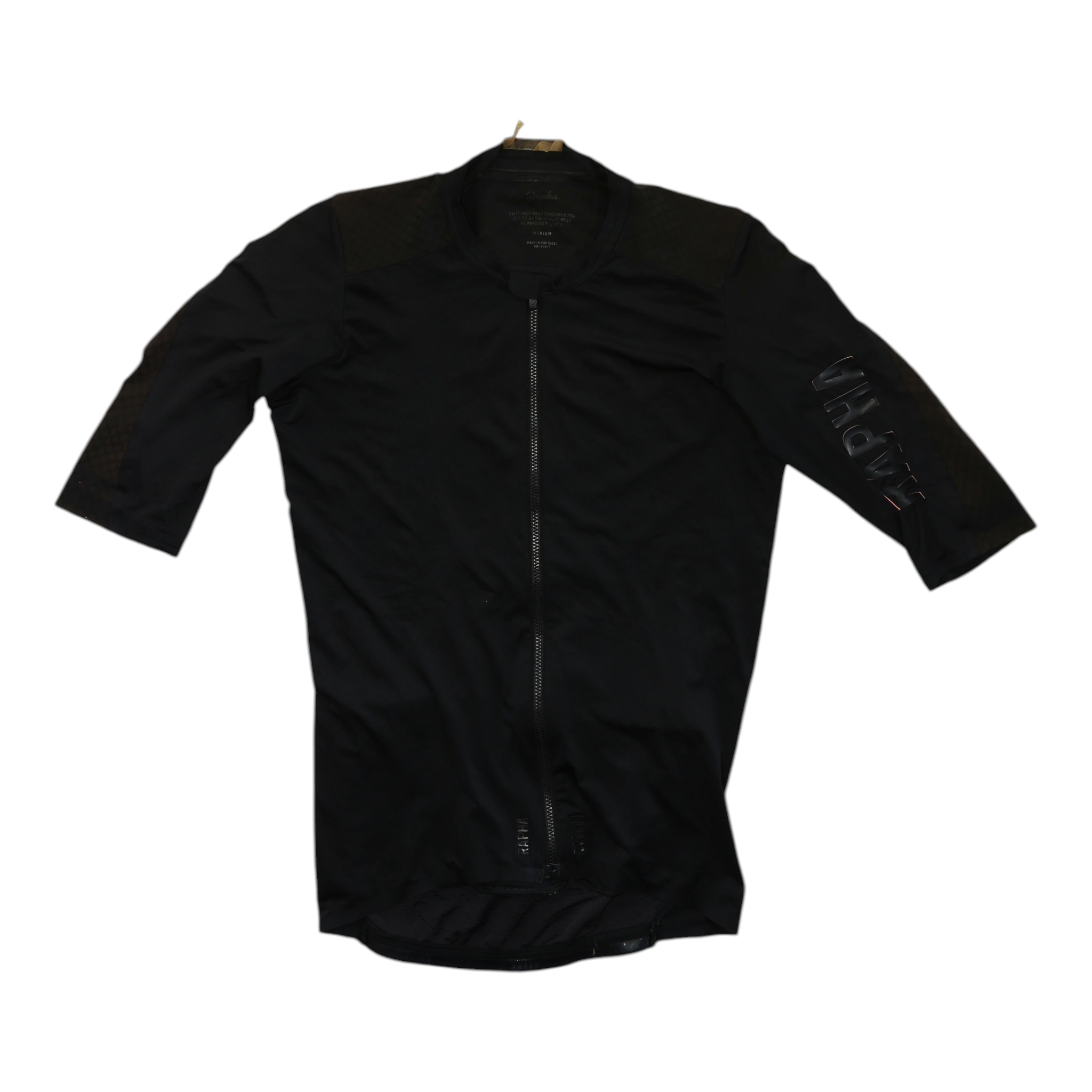 Men's black cycling jersey, full-zip front, short sleeves with diagonal sleeve logo.