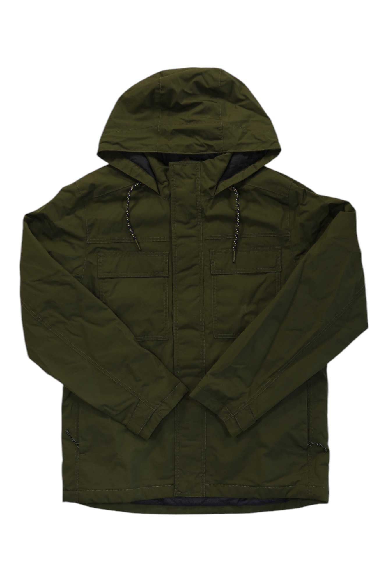 The Sherpa Mens Tsering Jacket is olive green with long sleeves, two flap chest pockets, a zip closure, hood drawstrings, and a lightweight, casual style.