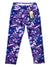 The Womens Roxanne Capris feature a vibrant geometric pattern in purple, pink, blue, and white on soft micropoly performance jersey and include a tag near the waistband.