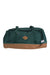 The Herschel Supply Company Heritage Duffle is a green bag made with EcoSystem 600D fabric, brown accents, two handles, a front diamond-shaped leather patch, and a small white label—ideal for travel.