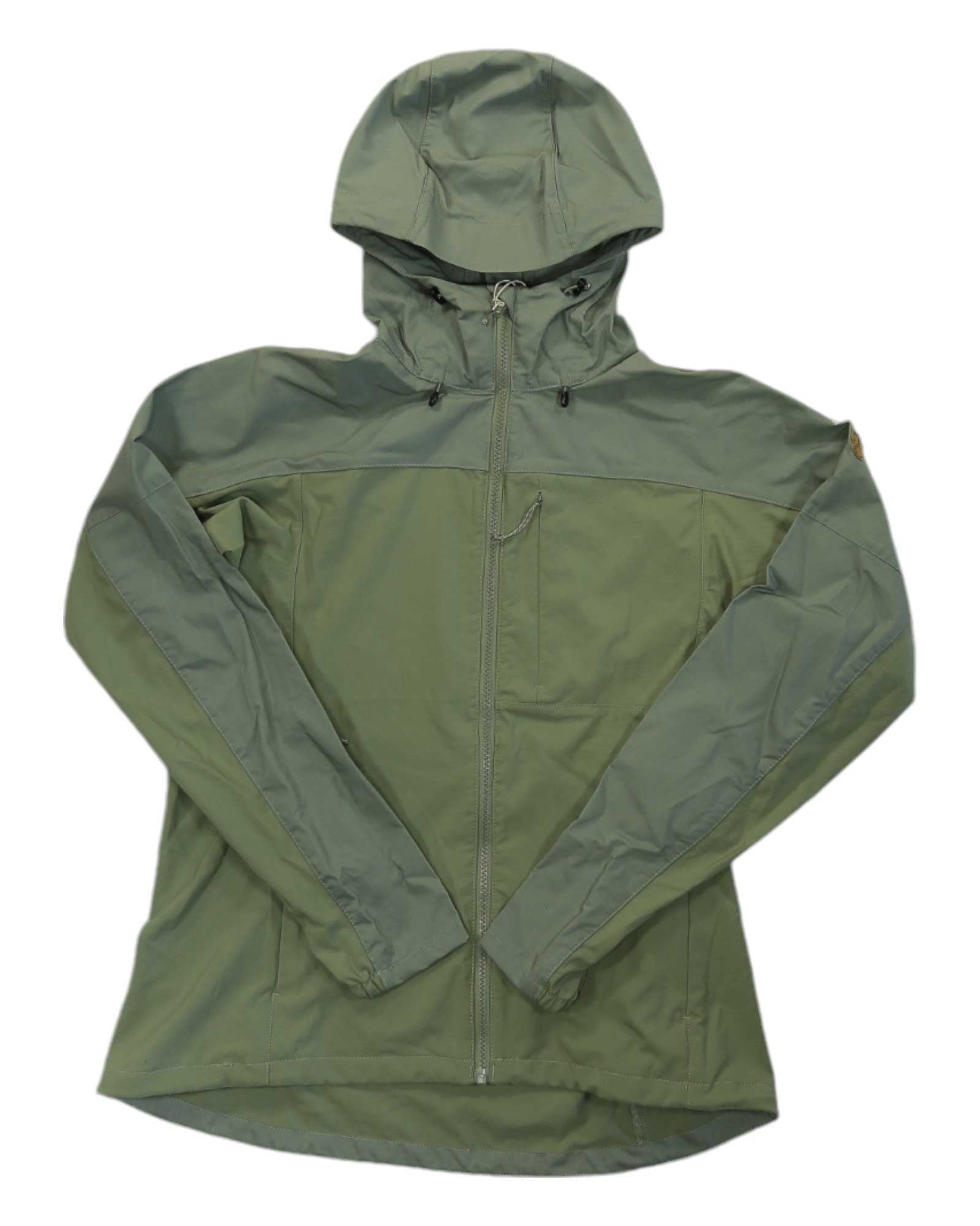 The Fjallraven Womens Abisko Midsummer Jacket is a lightweight, olive-green trekking jacket with a front zipper, long sleeves, and a small chest pocket, displayed flat on a white background.