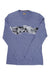 The Icebreaker Mens Merino 200 Oasis Remarkables LS Crewe is a long-sleeve lavender moisture-wicking shirt with a black and white mountain range graphic on the chest, shown on a white background.
