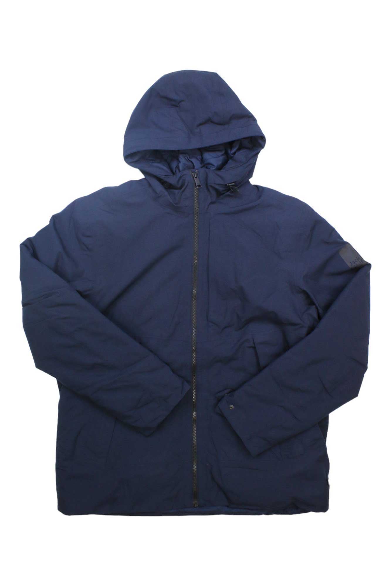 The Jack Wolfskin Mens Tempelhof Jacket, featuring a navy blue minimalist design with long sleeves, front zipper, and TEXAPORE shell for waterproof protection, is displayed laid flat on a white background.