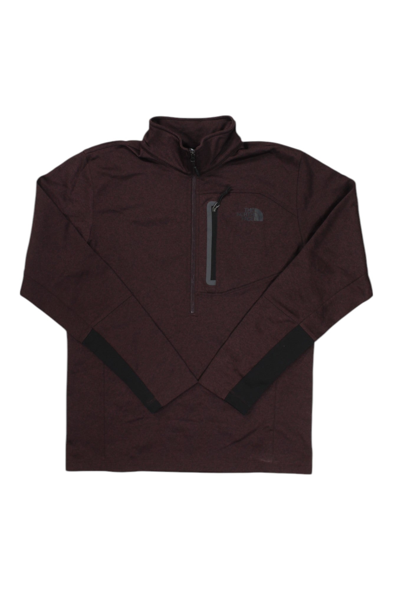 The North Face Mens Canyonlands Half-Zip Top is a long-sleeve, dark maroon fleece with a high collar, left zippered chest pocket, and visible logo.