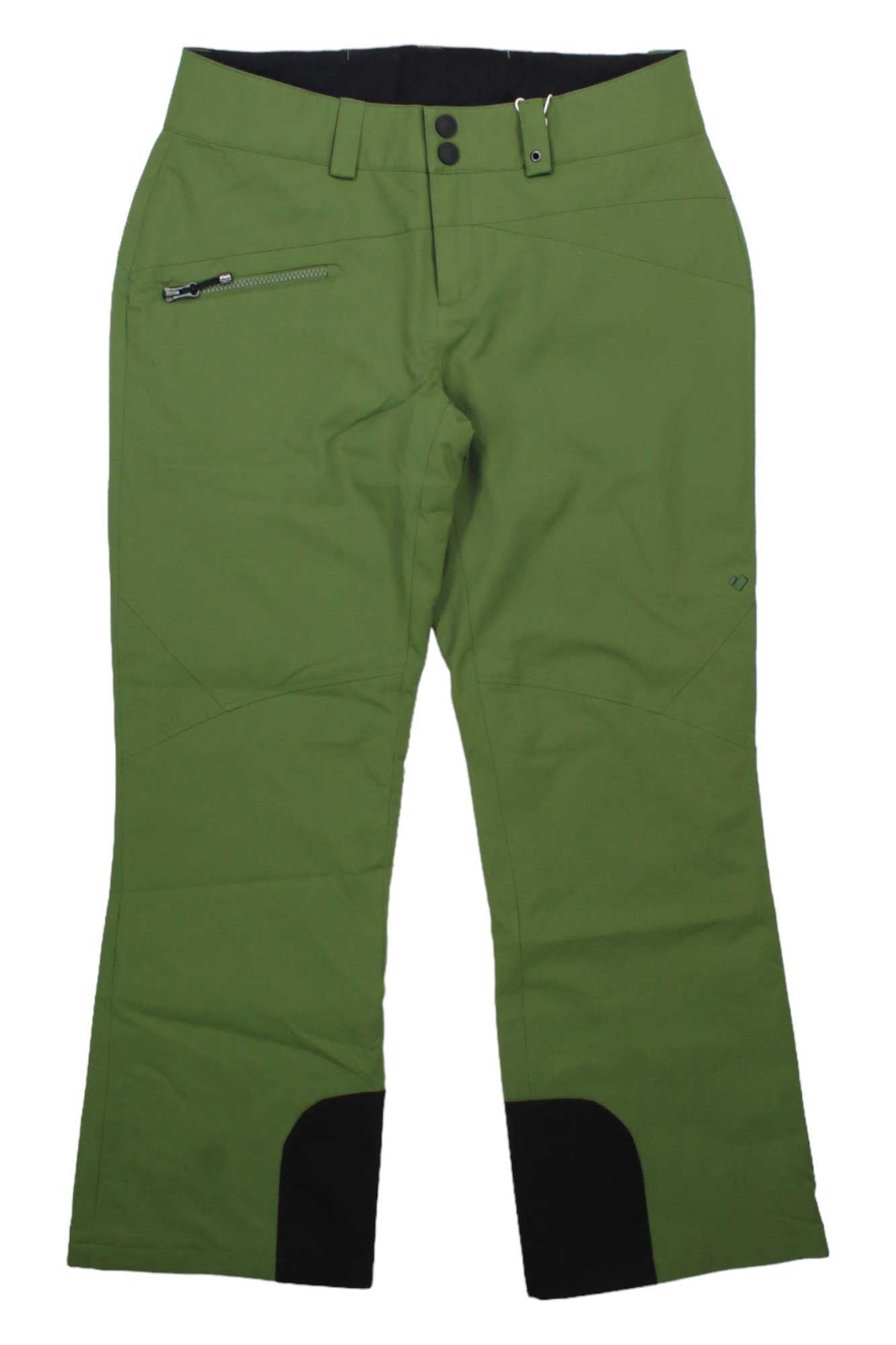 The Obermeyer Womens Malta Pant is an olive green ski pant featuring a zippered right hip pocket, black reinforced cuffs, belt loops, a button waistband closure, and a waterproof finish for extra protection.