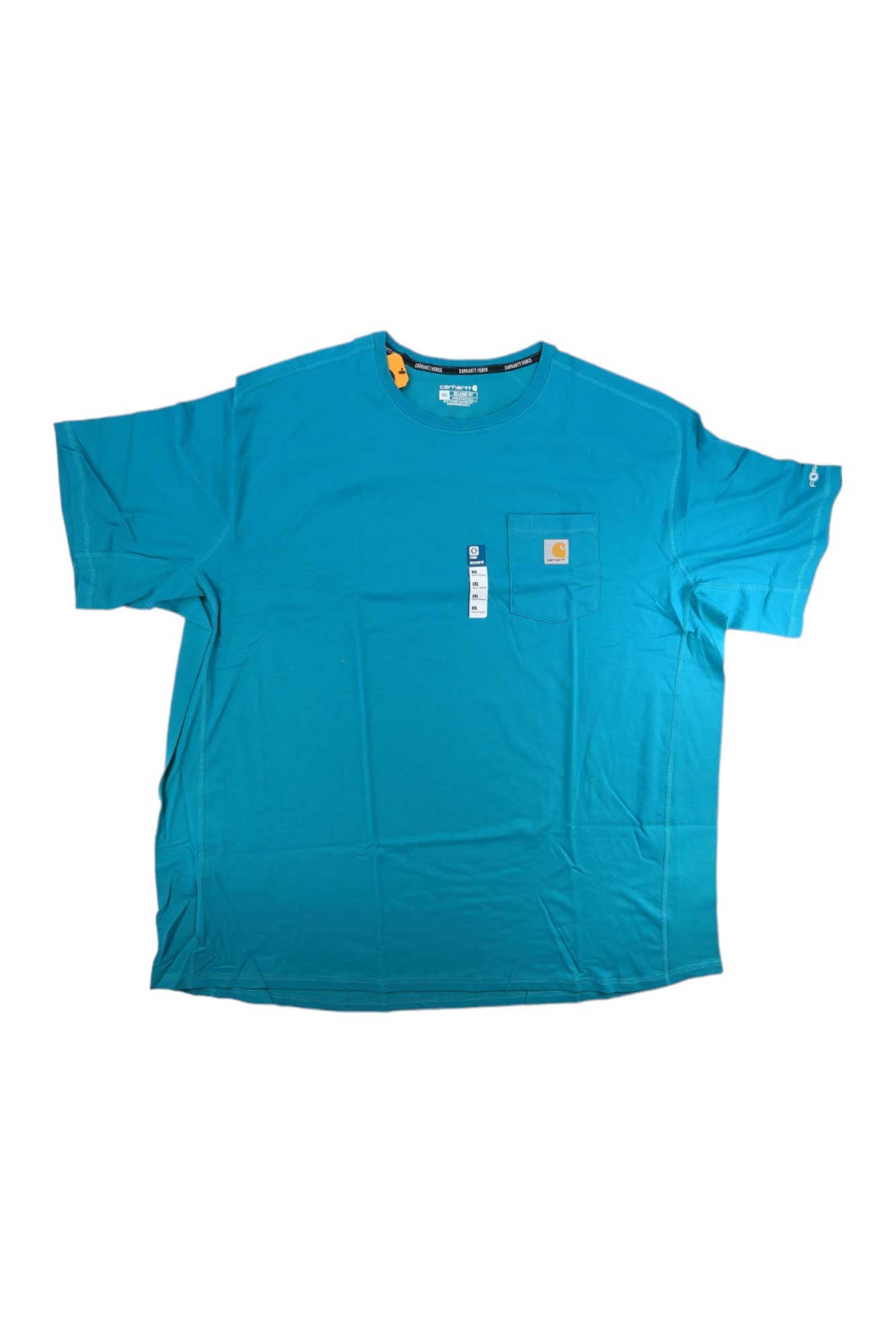 Teal short-sleeve pocket t-shirt with crew neck and chest logo patch