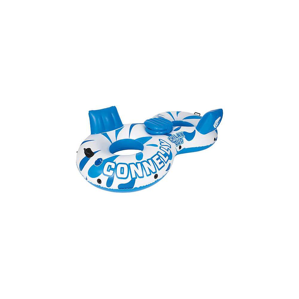 Inflatable lounge float, side view, blue-and-white with Connelly logo and handles