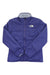Purple The North Face Girls Reversible Mossbud Jacket featuring a front zipper, long sleeves, and the brand’s white logo on the left chest, laid flat on a white background.