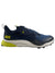Men's lace-up running shoe with dark navy upper, off-white midsole, and yellow sole