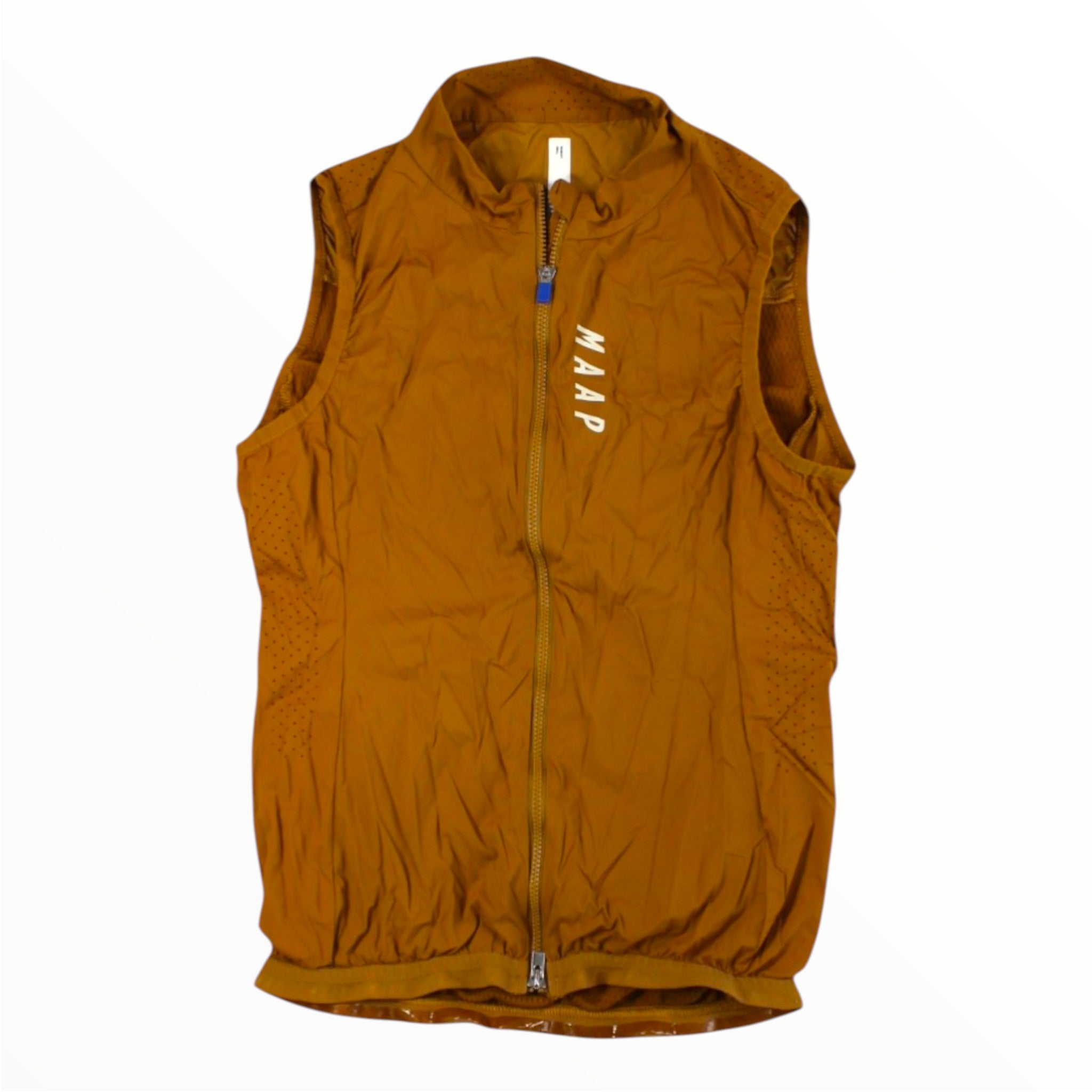 The MAAP Womens Draft Team Vest is a sleeveless brown cycling vest featuring a front zipper and “MAAP” in white vertically on the left chest, shown laid flat on a white background.
