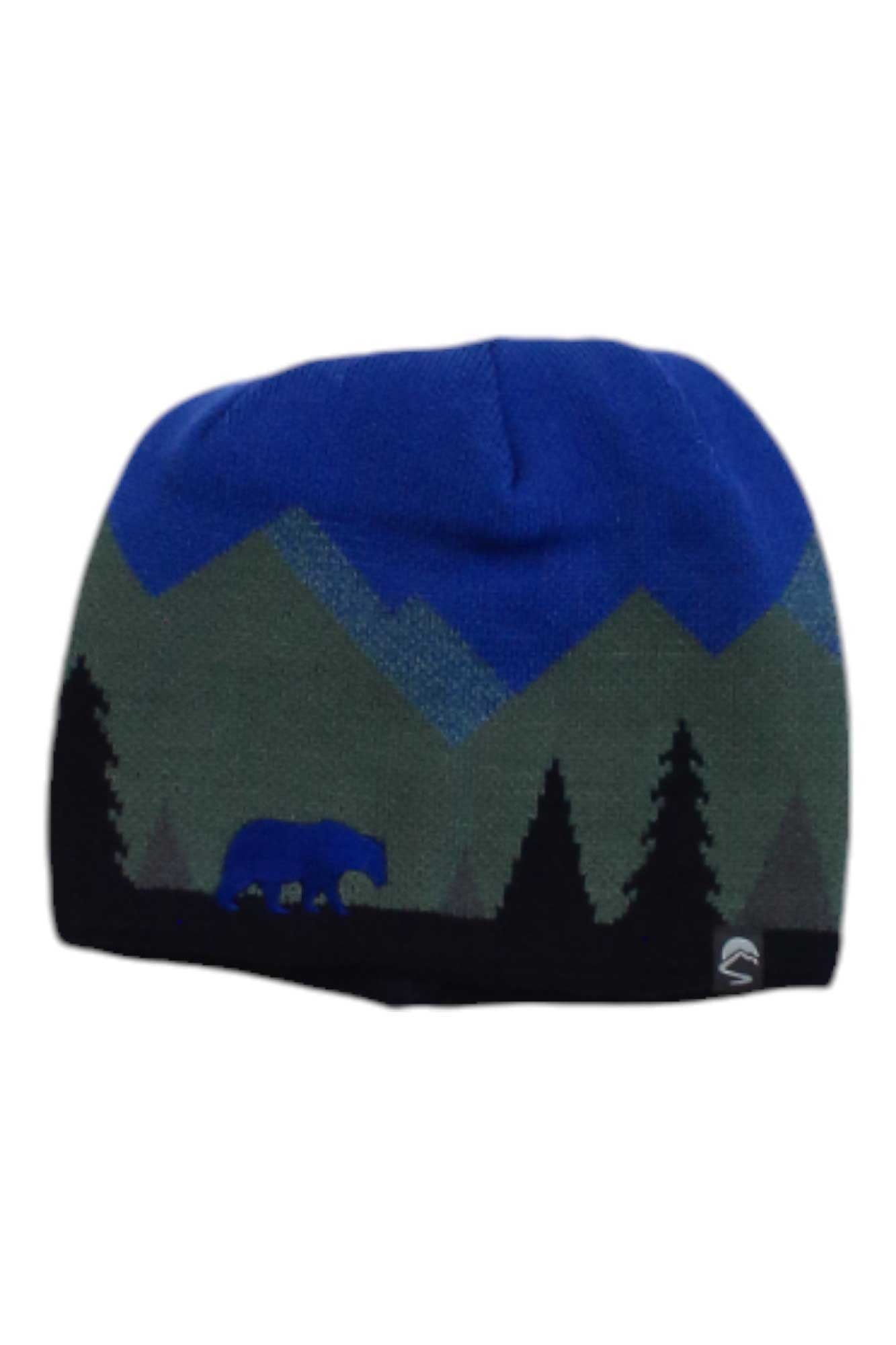 The Sunday Afternoons Kids Graphic Series Beanie is a blue and green beanie for kids, featuring a mountain scene with pine trees and a bear in the foreground.