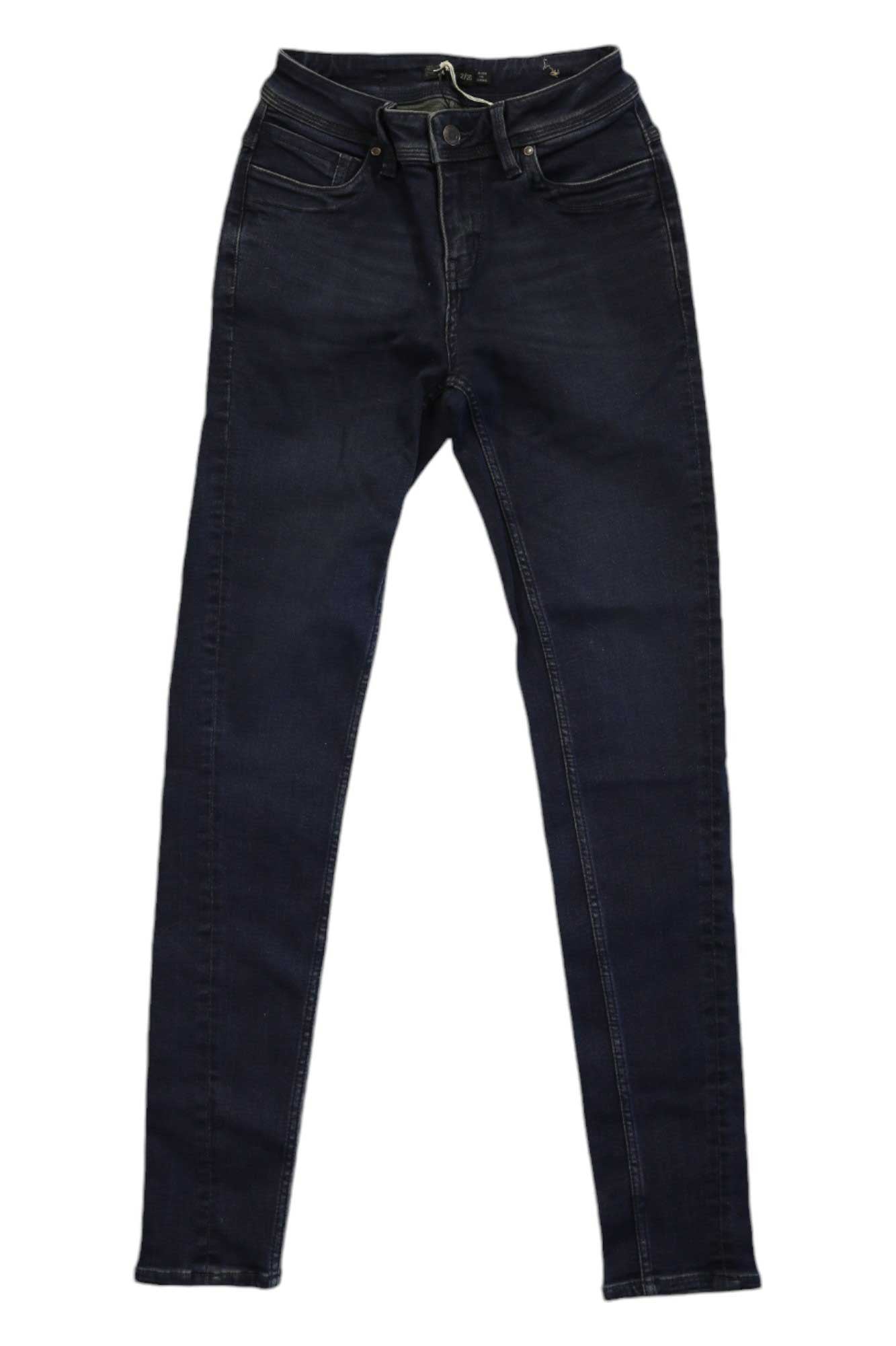 Women’s Soma dark navy denim jeans, button fly, five-pocket, belt loops, straight leg.