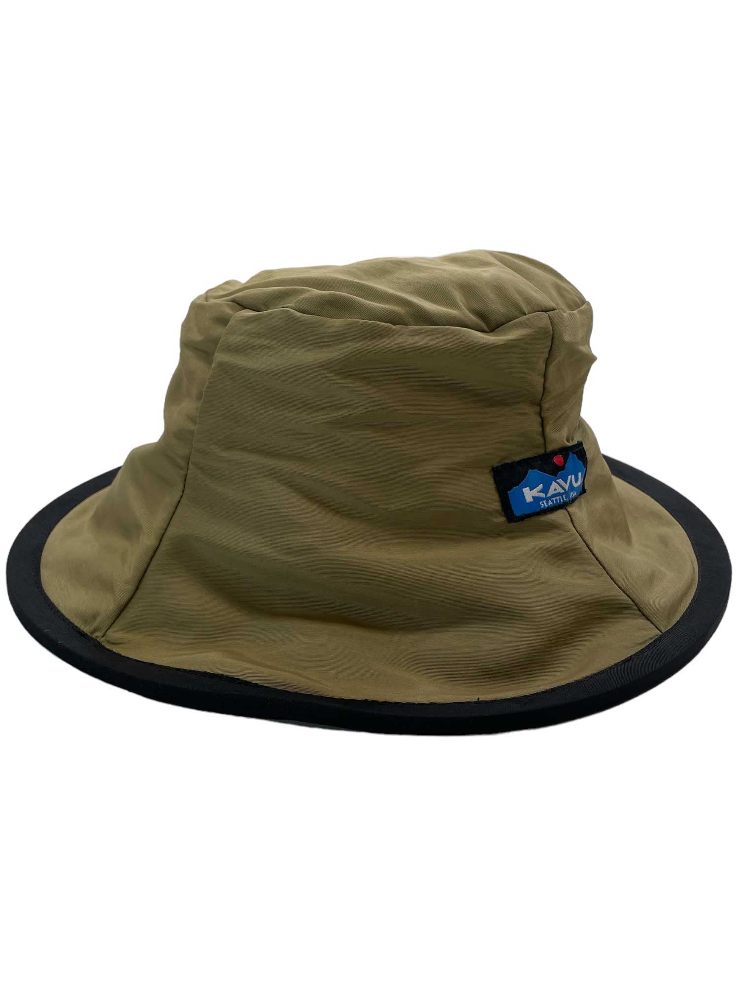 The KAVU Fishermans Chillba Hat is khaki with a wide black brim and a small blue KAVU logo tag on the side, made from quick-drying fabric for comfort and style.