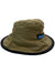 The KAVU Fishermans Chillba Hat is khaki with a wide black brim and a small blue KAVU logo tag on the side, made from quick-drying fabric for comfort and style.