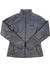 Gray insulated jacket with full-zip front, stand collar, and quilted panels