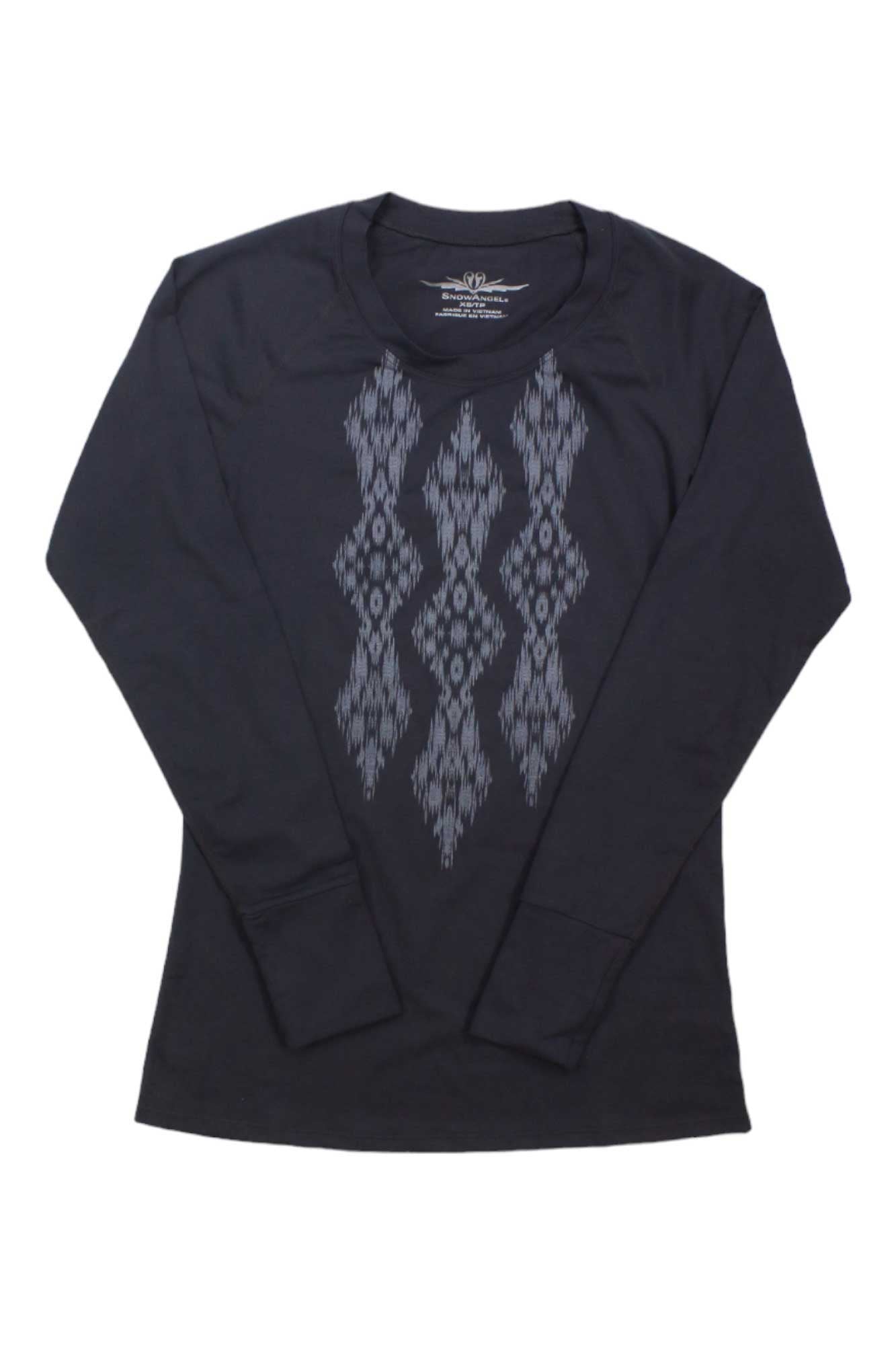 Charcoal long-sleeve scoop top with light gray ikat-style diamond graphic