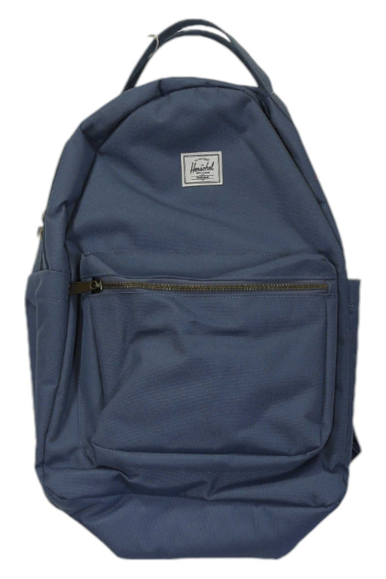 The Herschel Supply Company Nova Backpack in blue is made from recycled fabric and features a front zip pocket, side pocket, laptop sleeve, and a small white rectangular logo patch near the top center.