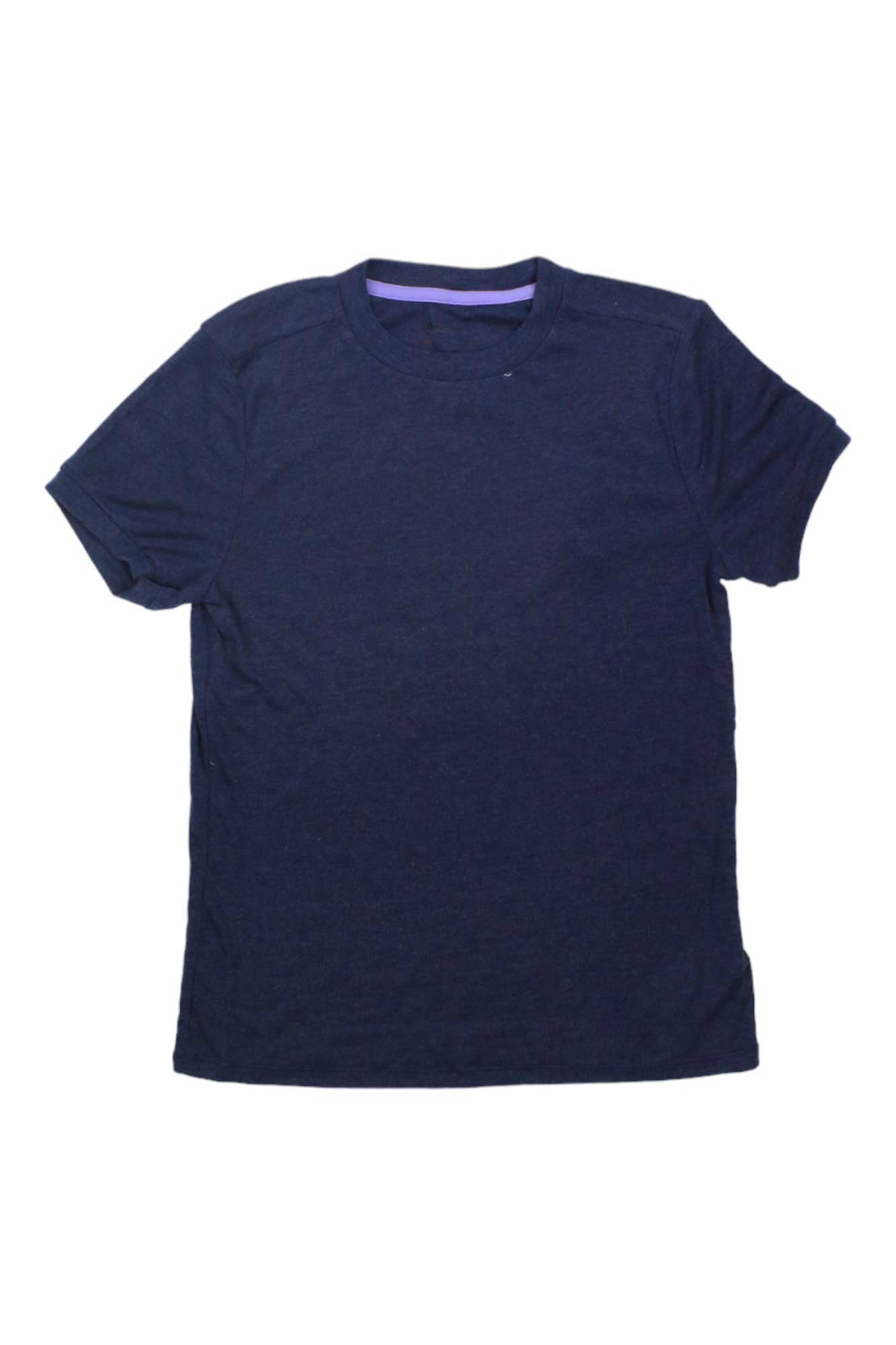 The Womens Switchback Short-Sleeve T-Shirt, shown in plain navy blue, features short sleeves, a crew neckline with a subtle purple accent inside the collar, and moisture-wicking fabric to keep you comfortable on outdoor adventures.