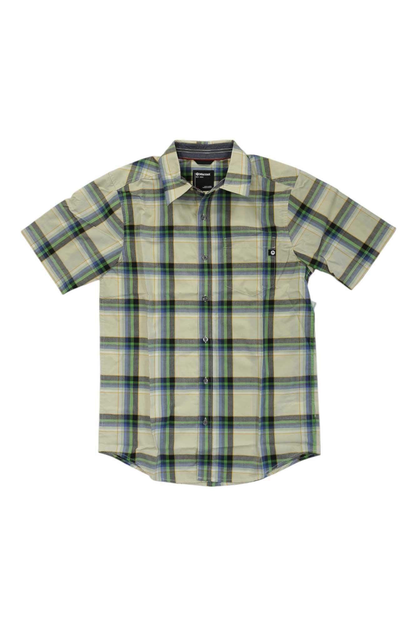 Men's short-sleeve plaid button-up shirt, light green/blue with chest pocket