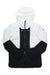 Two-tone hooded jacket with full front zipper, black and white color-block, long sleeves