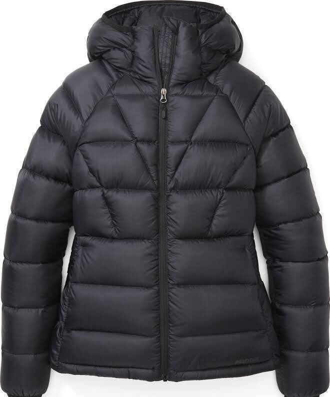 The Marmot Womens Hype Down Hoody is a black, puffy, 800 fill goose down-insulated jacket with horizontal and diagonal stitching, front zipper, and long sleeves, shown on a white background.